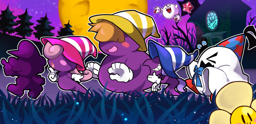 2boys, 3girls, bedlam, blonde_hair, blush_stickers, boo_(mario), building, clenched_teeth