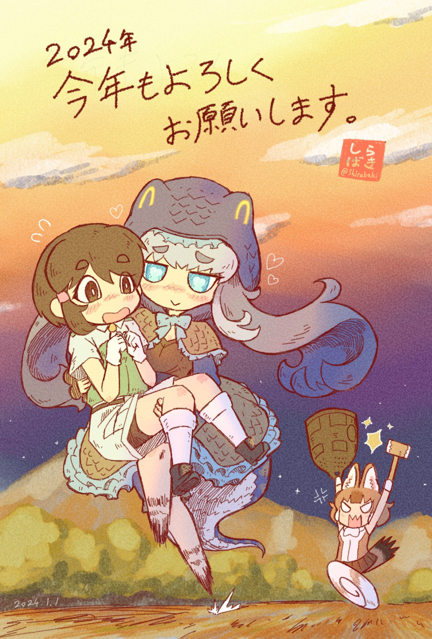 3girls, angry, animal_ears, bike_shorts, bike_shorts_under_shorts, black_capelet, black_dress, blue_bow
