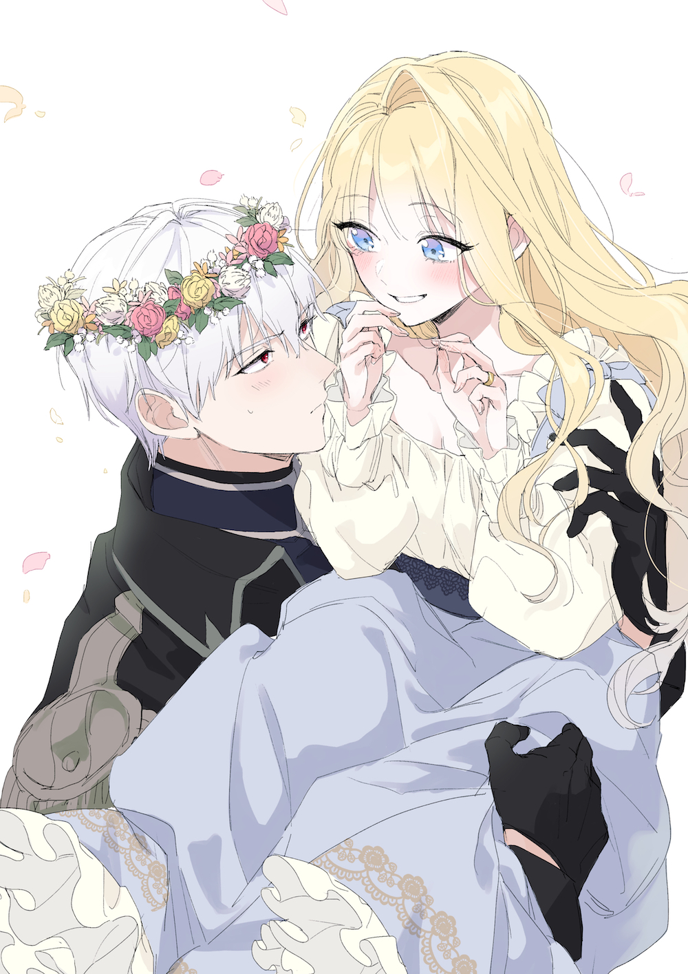 1boy, 1girl, black_gloves, blonde_hair, blue_skirt, blush, carrying, closed_mouth