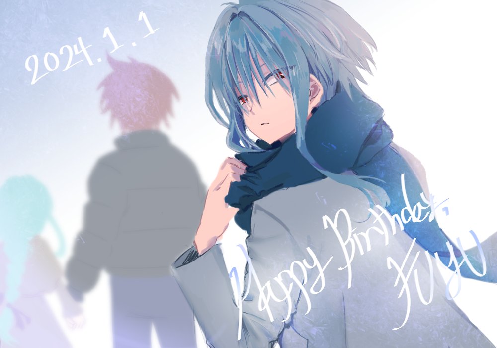 1girl, 2024, 2boys, blue_hair, blue_pants, blue_scarf, braid, character_name