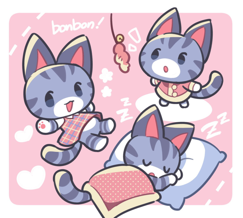 1girl, :3, :o, alternate_costume, animal_crossing, animal_ears, animal_focus, animal_hands, black_eyes, blanket, border, cat, cat_ears, cat_paws, cat_tail, cat_teaser, coat, english_text, grey_fur, heart, highres, lolly_(animal_crossing), loveycloud, multiple_views, notice_lines, open_mouth, pillow, pink_background, pink_coat, pink_shirt, plaid, plaid_shirt, shirt, sleeping, solo, star_(symbol), tail, under_covers, white_border, white_fur, zzz