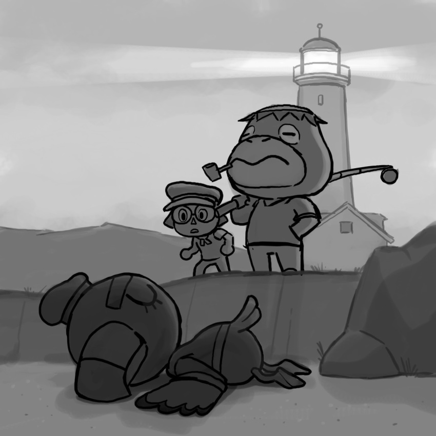 3boys, animal_crossing, character_request, corncob_pipe, english_commentary, fishing_rod, greyscale, gulliver_(animal_crossing), hand_on_own_hip, hat, highres, kapp'n_(animal_crossing), kappa, lighthouse, lying, male_focus, monochrome, multiple_boys, on_stomach, outdoors, parody, picture_kris, the_lighthouse