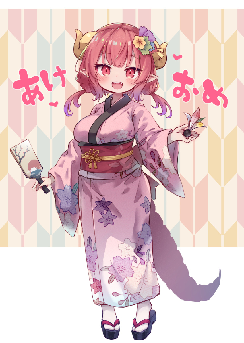 1girl, alternate_costume, breasts, dragon_girl, dragon_horns, dragon_tail, floral_print, flower, full_body, gradient_hair, hagoita, hair_flower, hair_ornament, hane_(hanetsuki), highres, holding, horns, ilulu_(maidragon), japanese_clothes, kimono, kobayashi-san_chi_no_maidragon, kolshica, large_breasts, long_hair, looking_at_viewer, multicolored_hair, new_year, obi, oppai_loli, paddle, pink_hair, pink_kimono, pointy_ears, red_eyes, redhead, sash, short_twintails, slit_pupils, smile, socks, solo, standing, tail, twintails, white_socks, wide_sleeves