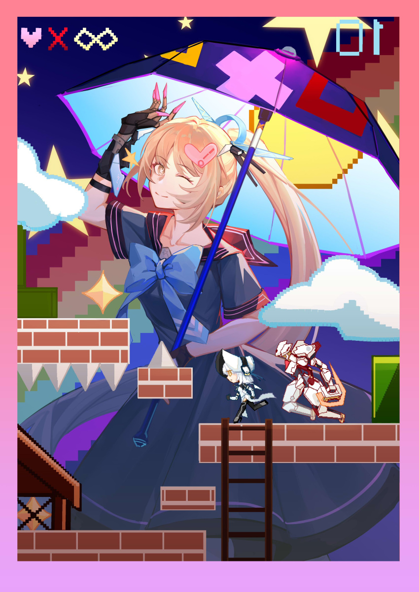 1other, 2girls, 8-bit, absurdres, arm_up, blonde_hair, blue_bow, blue_bowtie