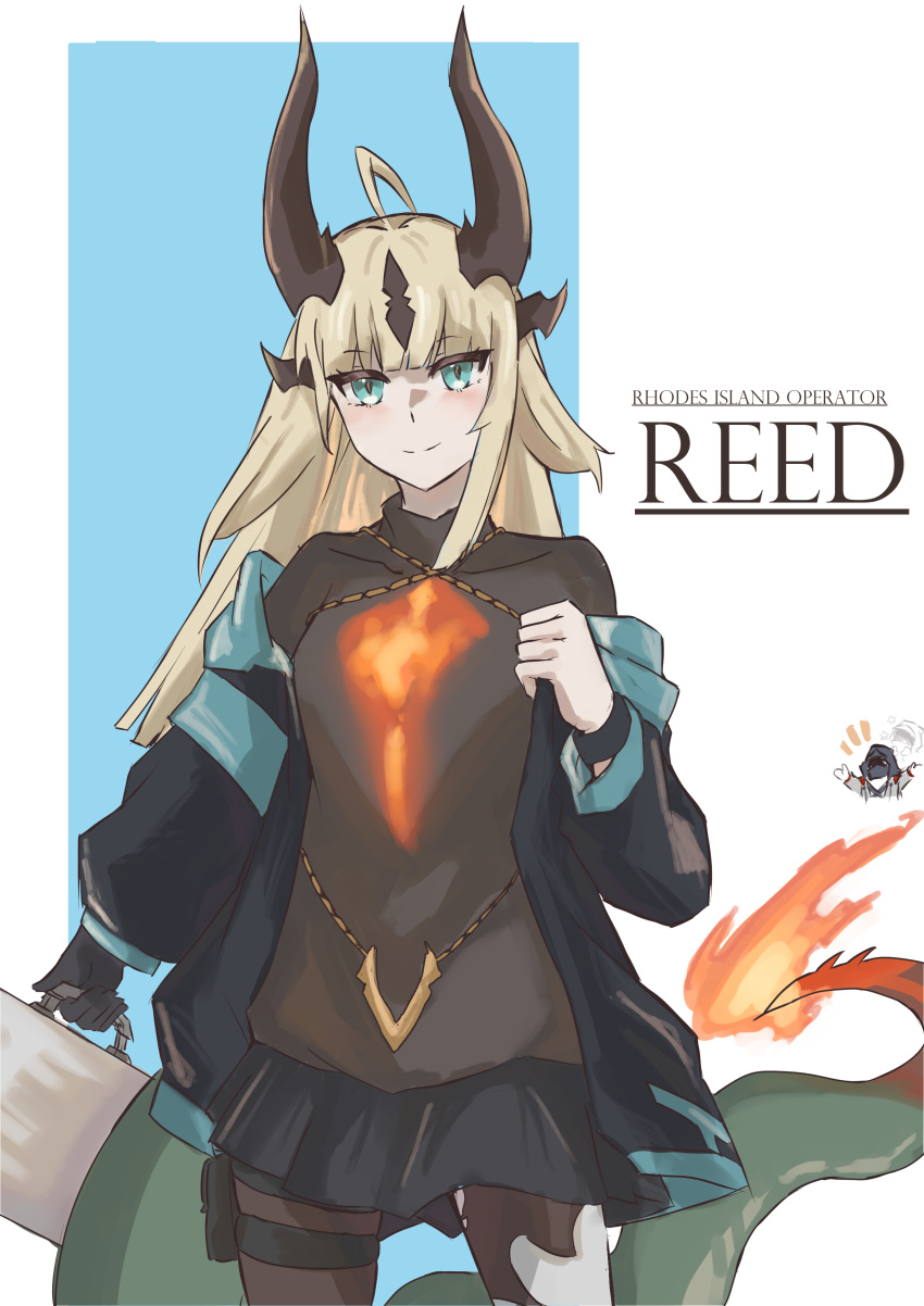 1girl, absurdres, ahoge, arknights, astrograph21, black_gloves, black_jacket, black_pantyhose, black_skirt, black_sweater, blonde_hair, blush, character_name, cowboy_shot, doctor_(arknights), dragon_horns, english_text, gloves, green_eyes, highres, holding, horns, jacket, long_hair, looking_at_viewer, off_shoulder, open_clothes, open_jacket, pantyhose, reed_(arknights), single_glove, skirt, smile, solo, split_mouth, sweater, thigh_pouch, very_long_hair