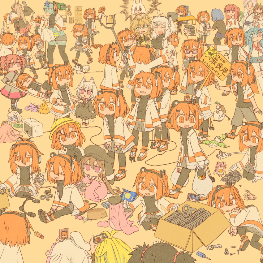 1boy, 6+girls, a.i._voice, action_figure, adachi_rei, adachi_rei_(cosplay), adapted_costume, akarisou