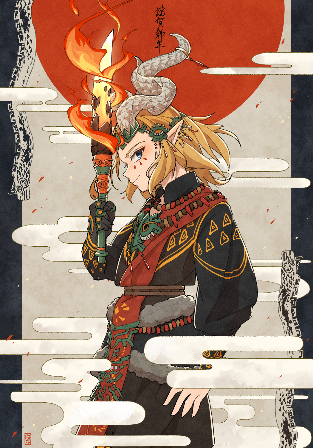 black_robe, blue_eyes, chinese_zodiac, ember_set_(zelda), fake_horns, from_side, highres, horns