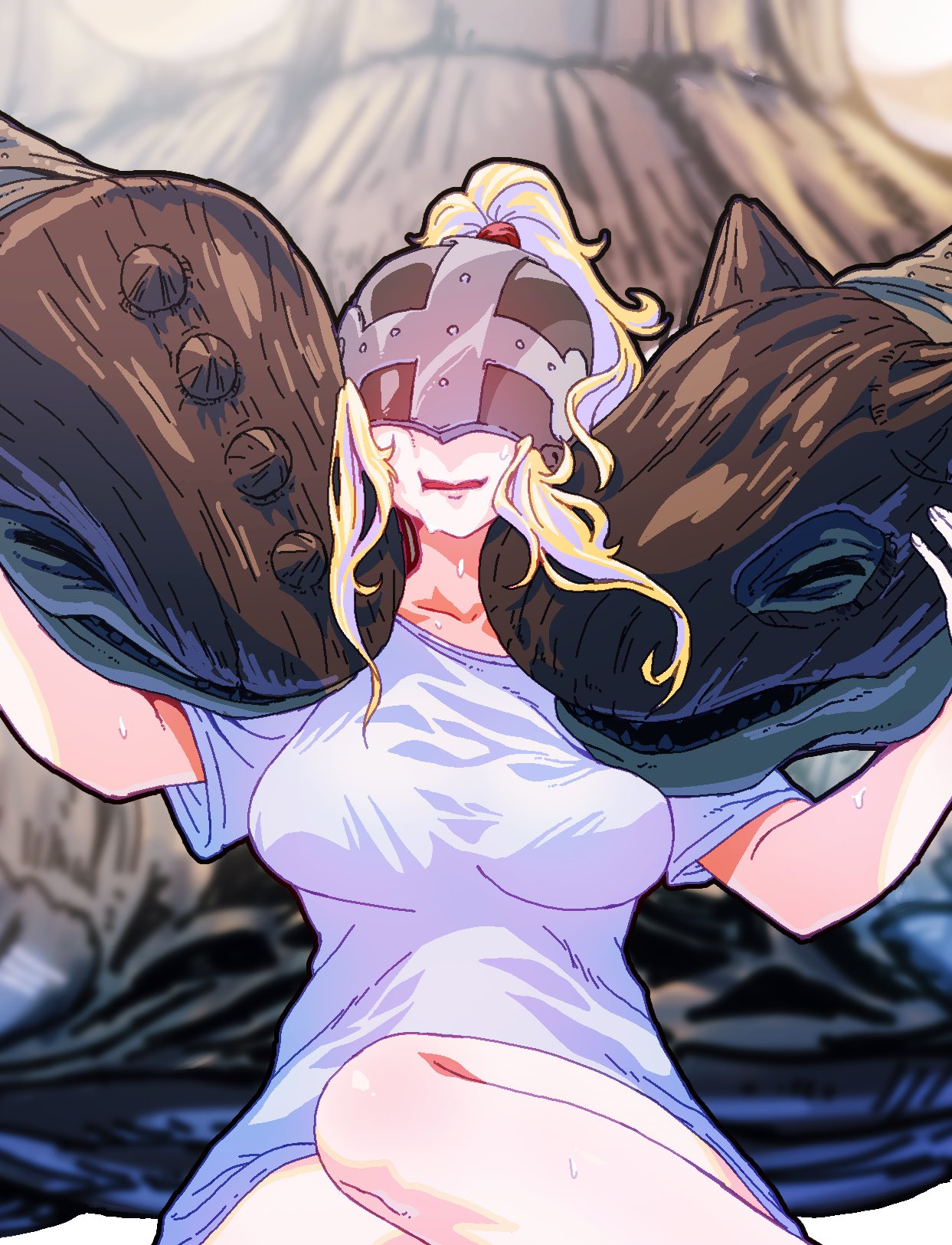 1girl, ^_^, alternate_costume, alternate_hairstyle, angewomon, blonde_hair, breasts, cheek_press, closed_eyes, covered_eyes, digimon, digimon_(creature), gerusyu, grey_headwear, hair_up, helmet, helmet_over_eyes, highres, large_breasts, multiple_heads, open_mouth, ponytail, shirt, short_sleeves, t-shirt, turtle, white_shirt, xuanwumon