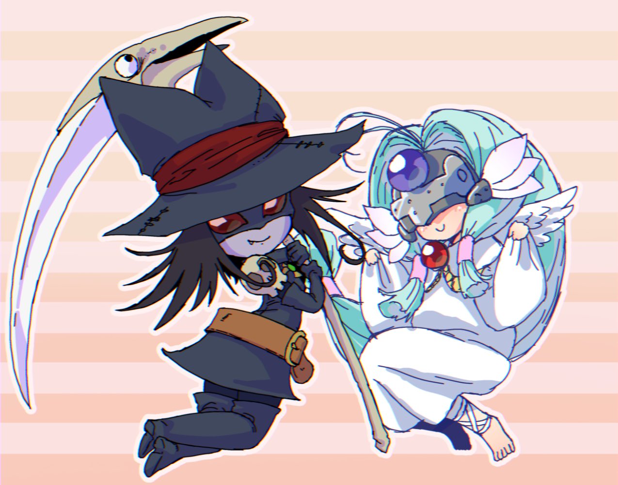 ahoge, angewomon, aqua_hair, belt, black_dress, black_footwear, black_gloves, black_hair