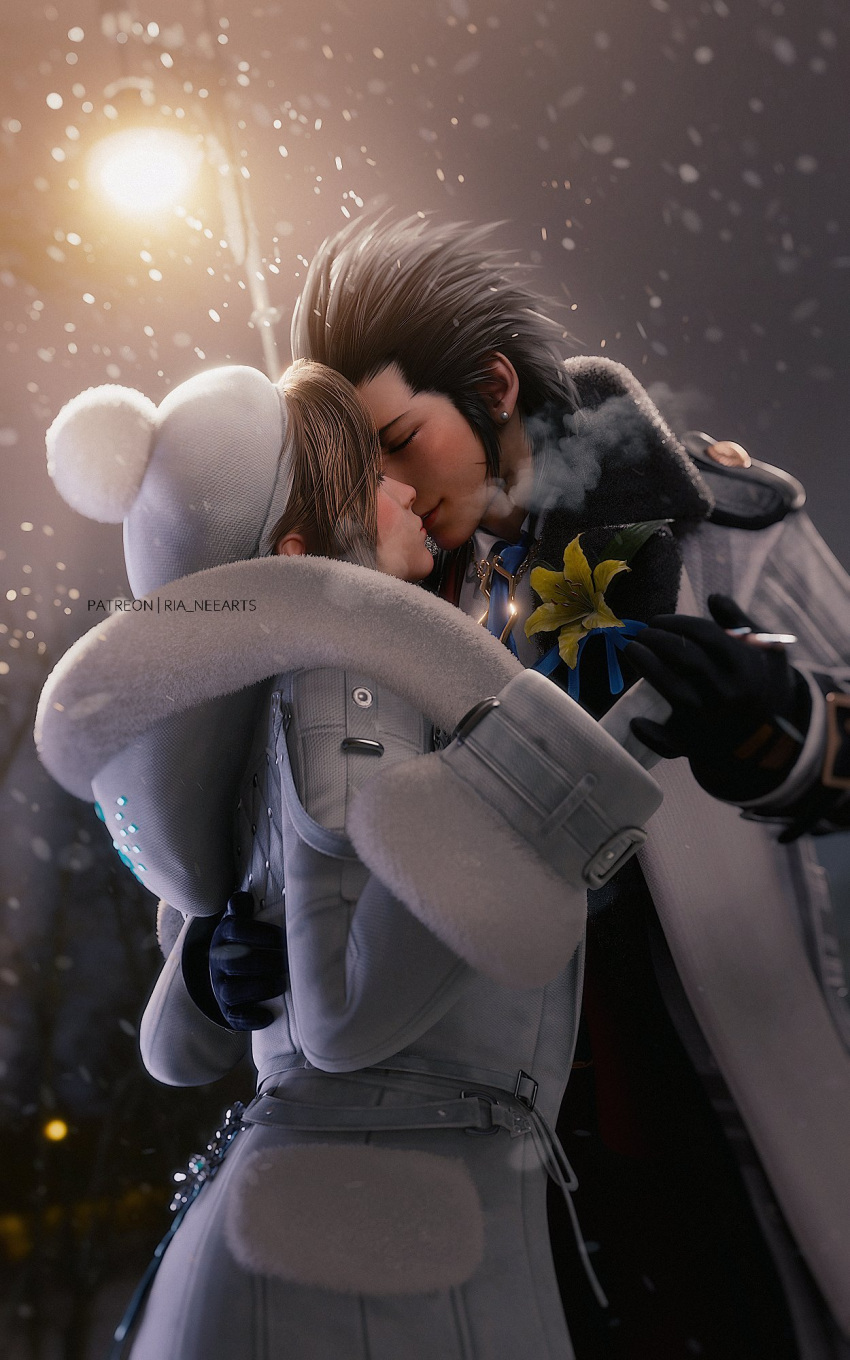 1boy, 1girl, 3d, aerith_gainsborough, aerith_gainsborough_(fairy_of_snowfall), black_gloves, black_hair, blue_necktie