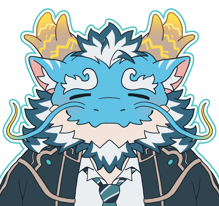 1boy, absurdres, animal_ear_fluff, aqua_hair, aqua_skin, beard, chibi, closed_eyes, closed_mouth, coat, dragon_boy, dragon_horns, facial_hair, full_beard, furry, furry_male, highres, horns, huge_eyebrows, male_focus, mature_male, multicolored_hair, necktie, open_clothes, open_coat, outline, portrait, qinglong_(housamo), shirt, solo, striped_necktie, thick_beard, tokyo_afterschool_summoners, two-tone_beard, two-tone_hair, white_background, white_hair, white_shirt, yed_(yedsilent)