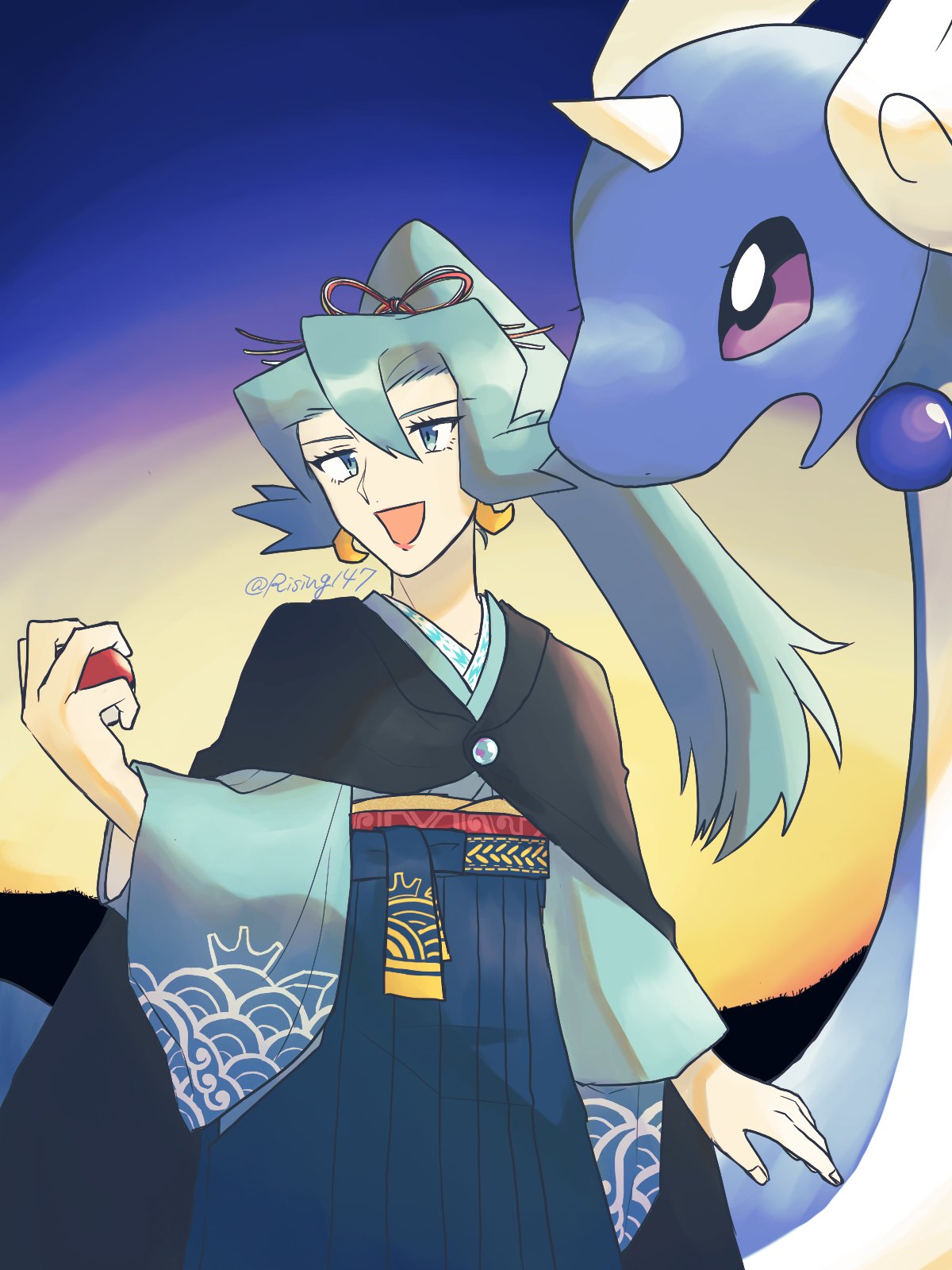 1girl, artist_name, blue_eyes, blue_hair, blue_skin, chinese_zodiac, clair_(pokemon), colored_skin