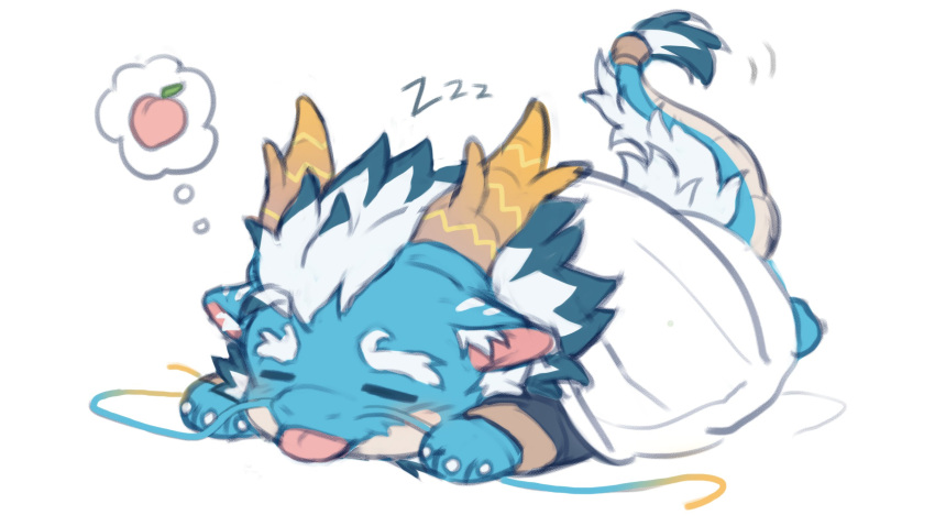 1boy, animal_ear_fluff, aqua_hair, aqua_skin, chibi, closed_eyes, dragon, dragon_boy