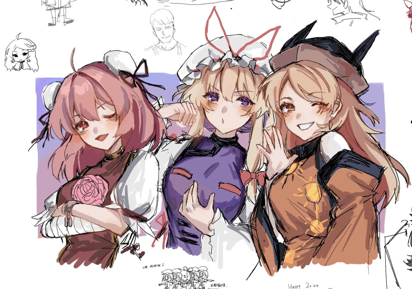 3girls, ahoge, bandaged_arm, bandages, black_headwear, bow, bun_cover, chinese_commentary