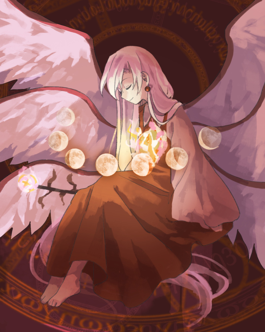 1girl, barefoot, brown_dress, closed_eyes, collared_shirt, commentary_request, dress, earrings