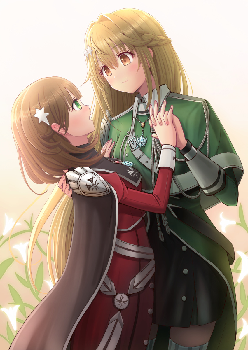 2girls, alternate_color, blonde_hair, braid, brown_hair, cape, duel_monster, exosister_elis
