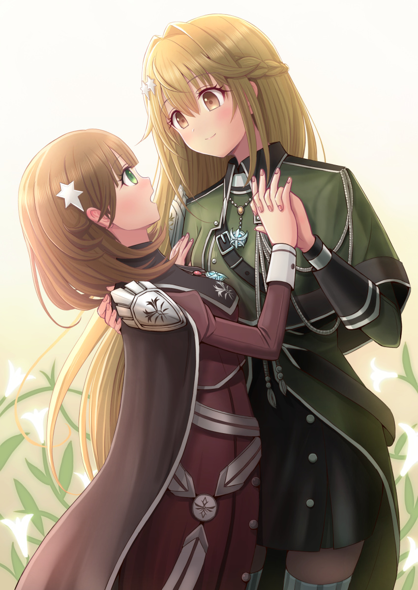 2girls, blonde_hair, braid, brown_hair, cape, duel_monster, exosister_elis, exosister_stella