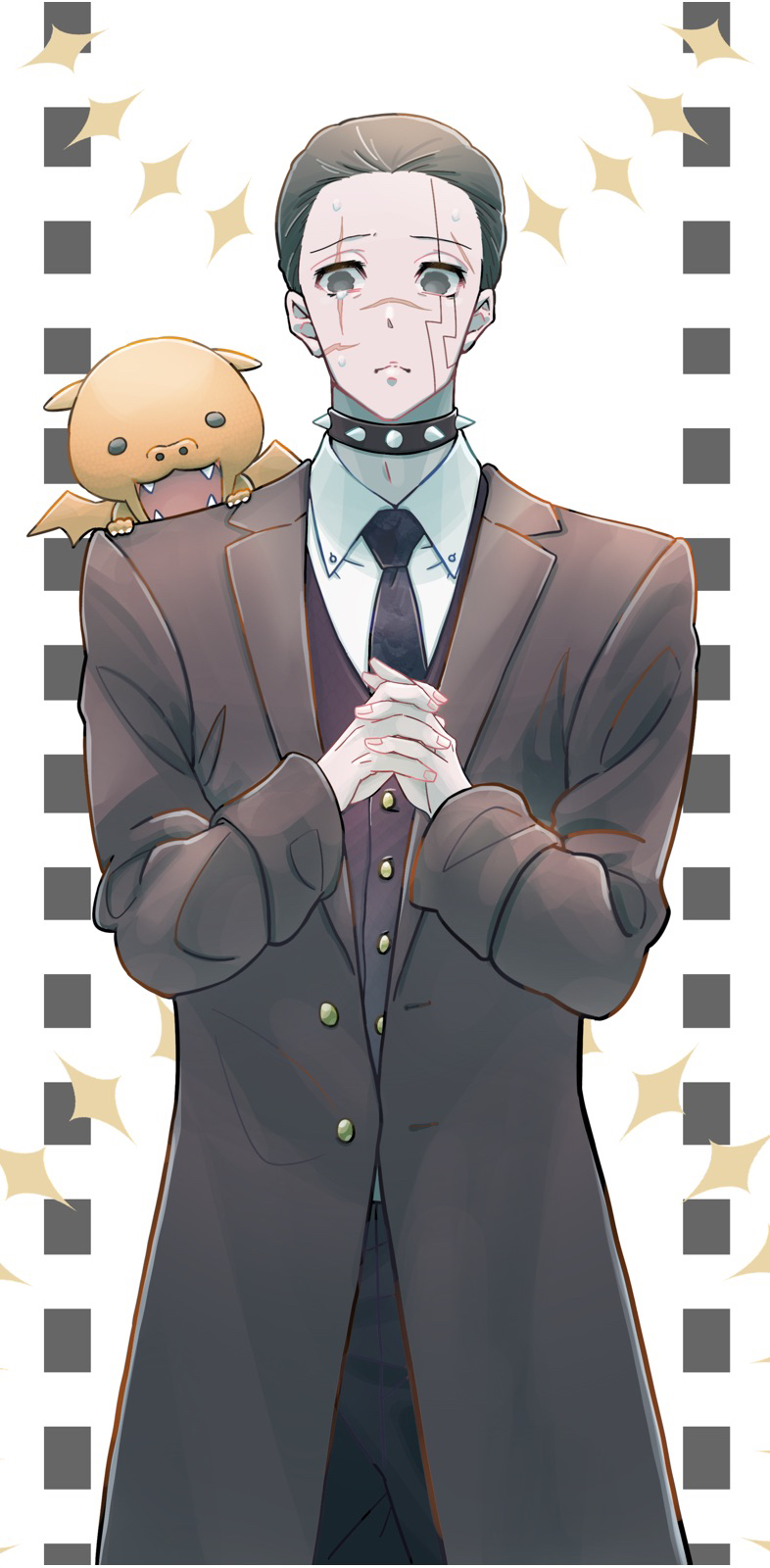 1boy, agito_tyrone, animal_on_shoulder, black_coat, black_hair, black_necktie, coat, collar, facial_mark, hair_slicked_back, highres, looking_at_viewer, male_focus, mashle, megane_ox4, necktie, own_hands_together, scar, scar_across_eye, scar_on_face, solo, spiked_collar, spikes