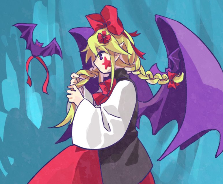 1girl, bat_(animal), bat_wings, black_vest, blonde_hair, braid, braiding_hair, closed_mouth, commentary_request, elis_(touhou), facial_mark, flower, hair_flower, hair_ornament, hair_ribbon, hairdressing, kaigen_1025, long_hair, long_sleeves, neck_ribbon, purple_wings, red_flower, red_ribbon, red_skirt, ribbon, skirt, solo, star_(symbol), star_facial_mark, touhou, touhou_(pc-98), vest, violet_eyes, white_sleeves, wide_sleeves, wings