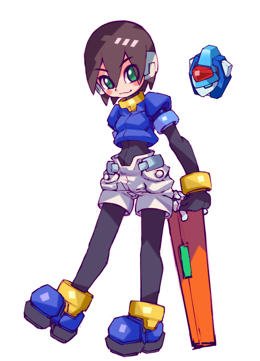 1girl, aile_(mega_man_zx), black_bodysuit, blush_stickers, bodysuit, brown_hair, crop_top, green_eyes, highres, iikoao, medium_hair, mega_man_(series), mega_man_zx, midriff, model_x_(mega_man), robot_ears, shoes, short_hair, shorts, tagme