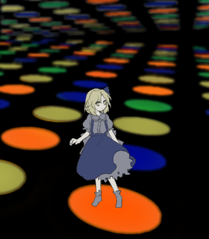 1girl, alice_margatroid, alice_margatroid_(pc-98), blonde_hair, blue_ribbon, blue_skirt, closed_mouth, collared_shirt