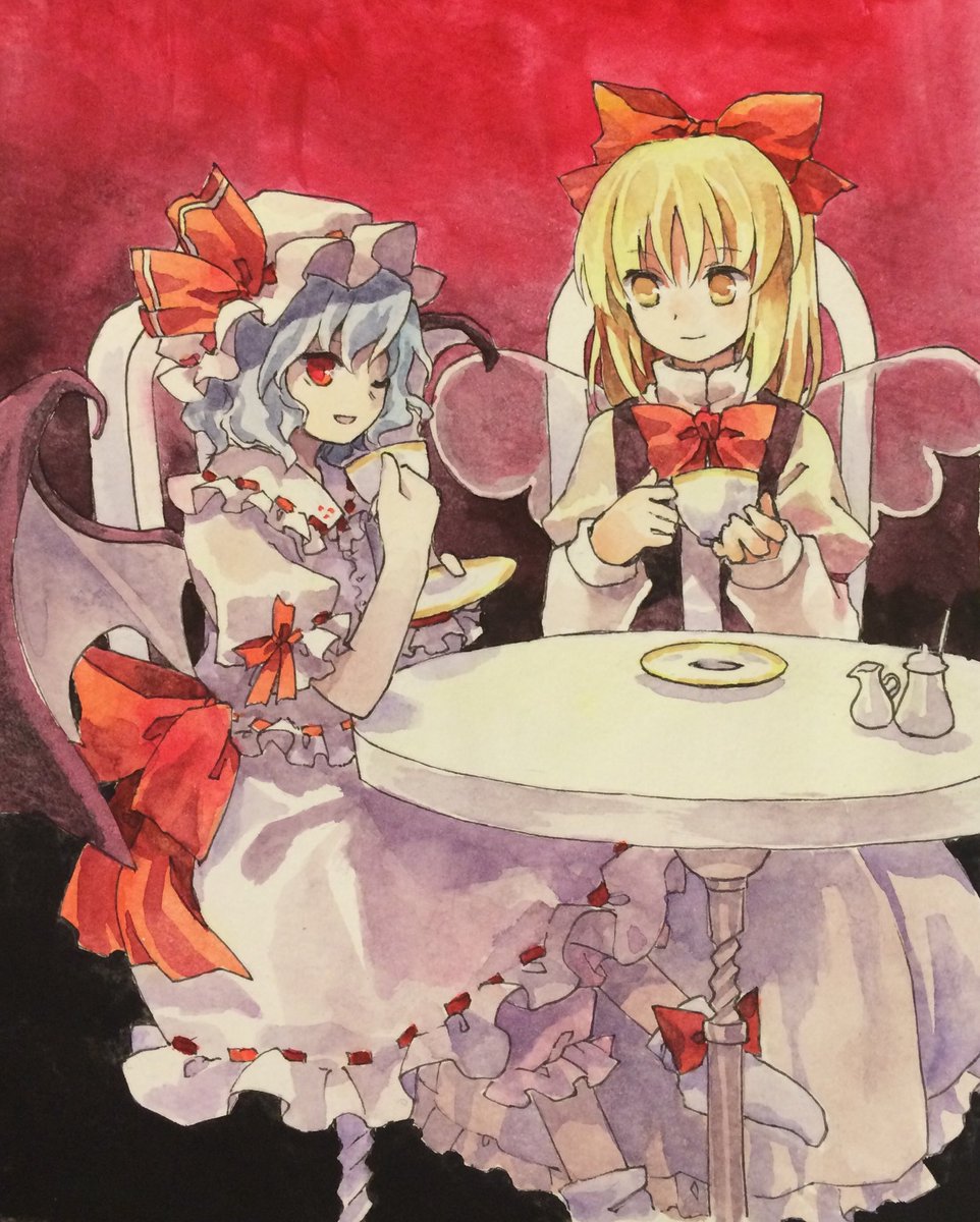 2girls, bat_wings, blonde_hair, bloomers, bow, bow_legwear, closed_mouth, commentary_request