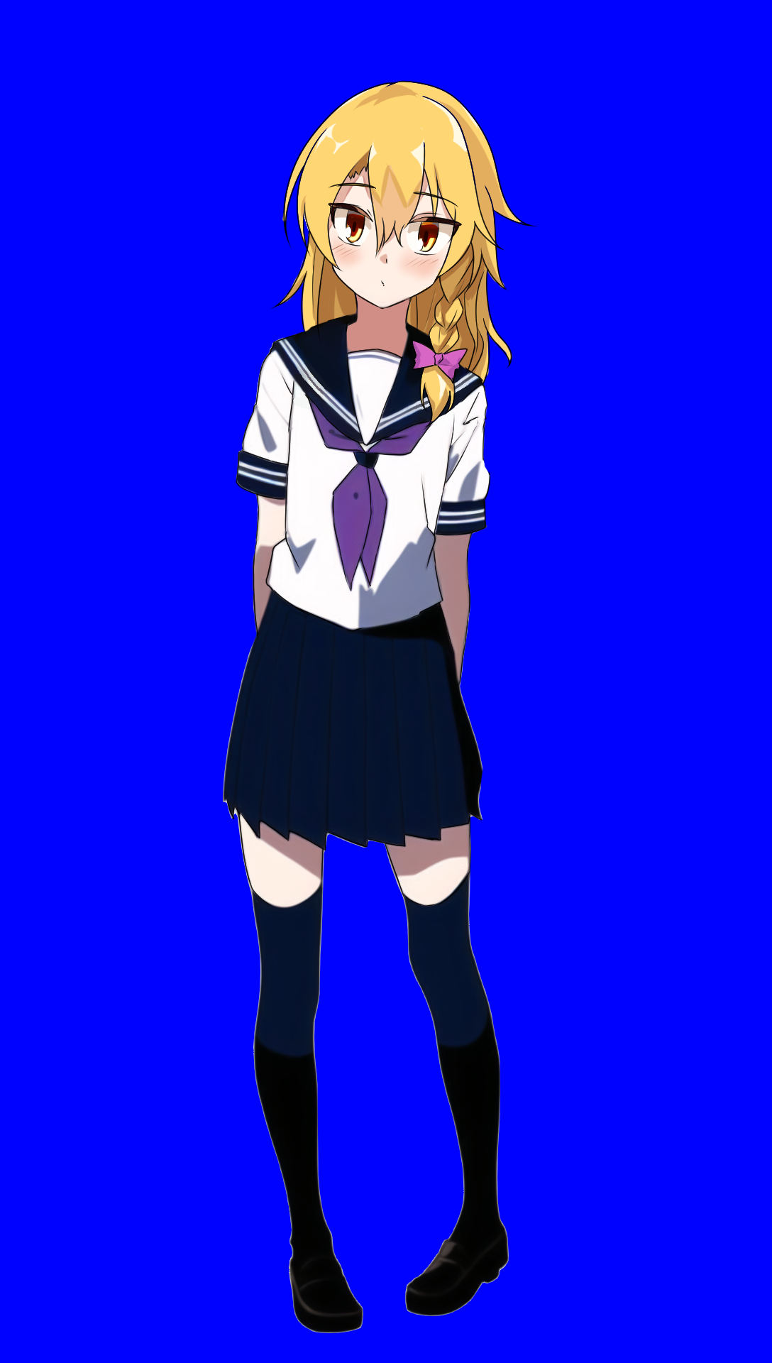 1boy, arms_behind_back, balenciaguy, black_footwear, black_sailor_collar, black_skirt, black_thighhighs, blonde_hair
