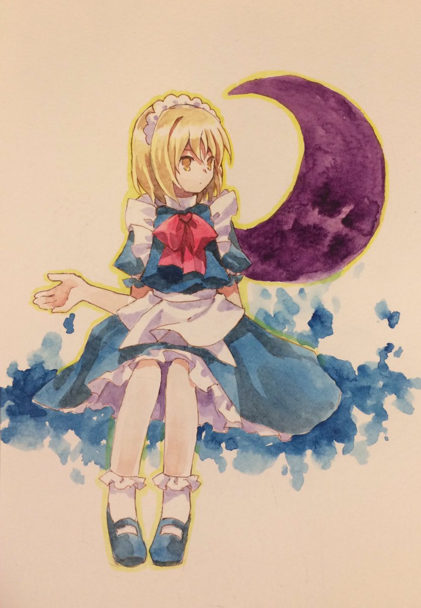 1girl, apron, blonde_hair, blue_dress, blue_footwear, closed_mouth, commentary_request, crescent