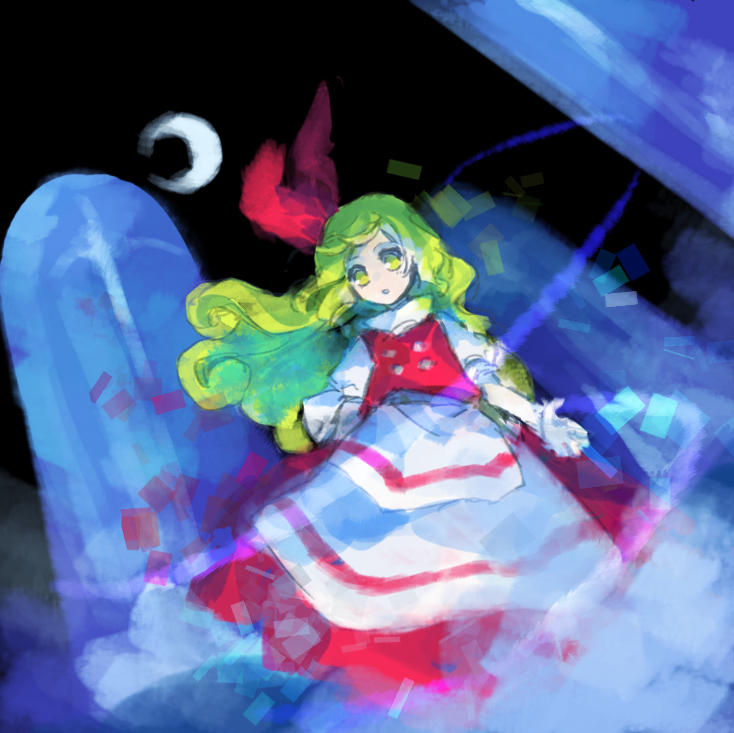 1girl, apron, black_sky, blonde_hair, commentary_request, crescent_moon, ellen_(touhou), flat_chest