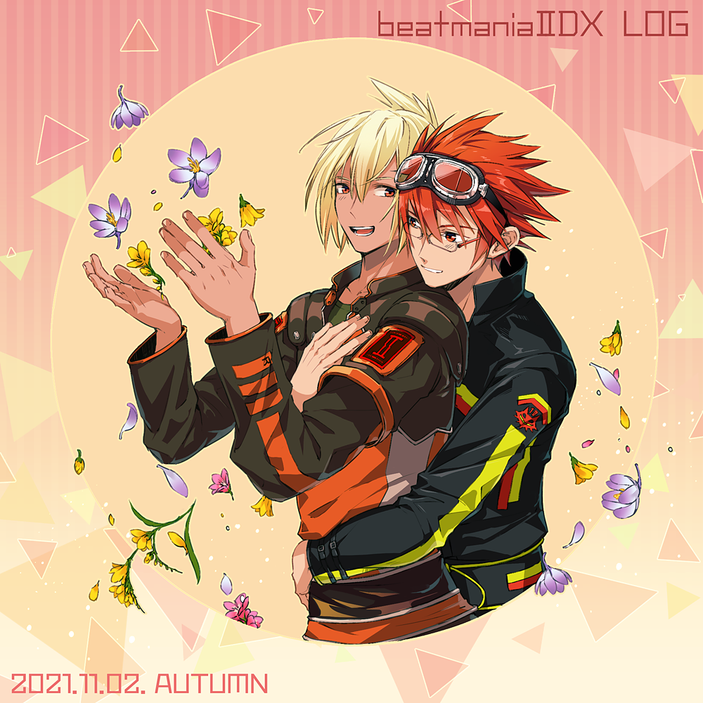 2boys, beatmania_iidx, black_jacket, blonde_hair, commentary_request, copyright_name, cropped_torso, dark-skinned_male