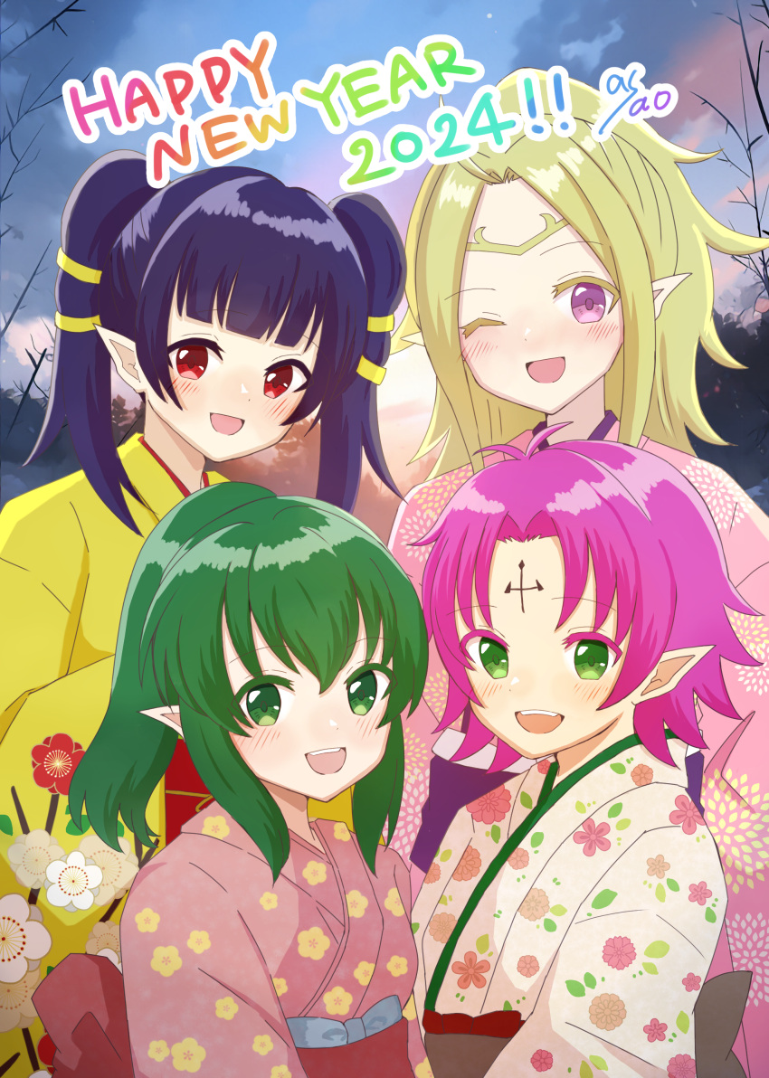 2024, 4girls, absurdres, artist_name, asaorom, blonde_hair, blue_sky, commentary_request