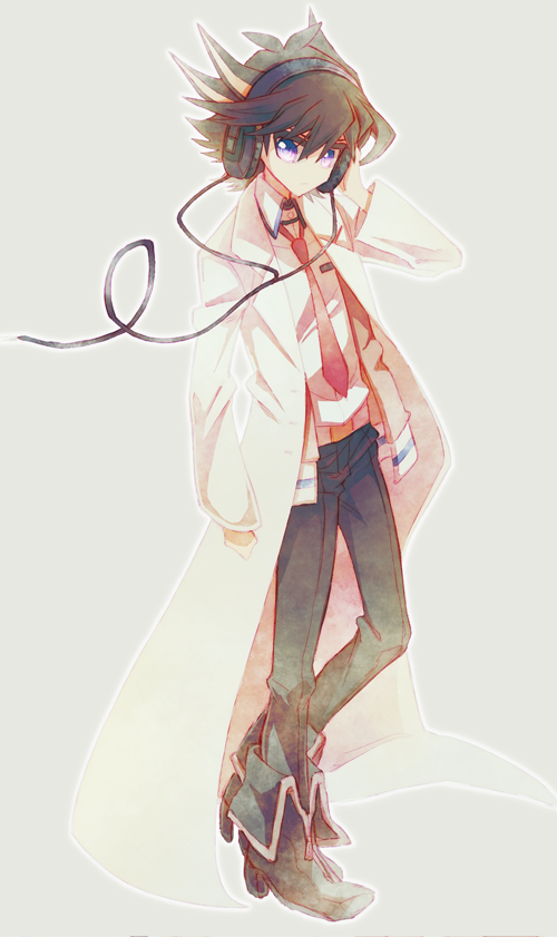 1boy, alternate_costume, black_footwear, black_hair, black_headphones, black_pants, boots, brown_jacket