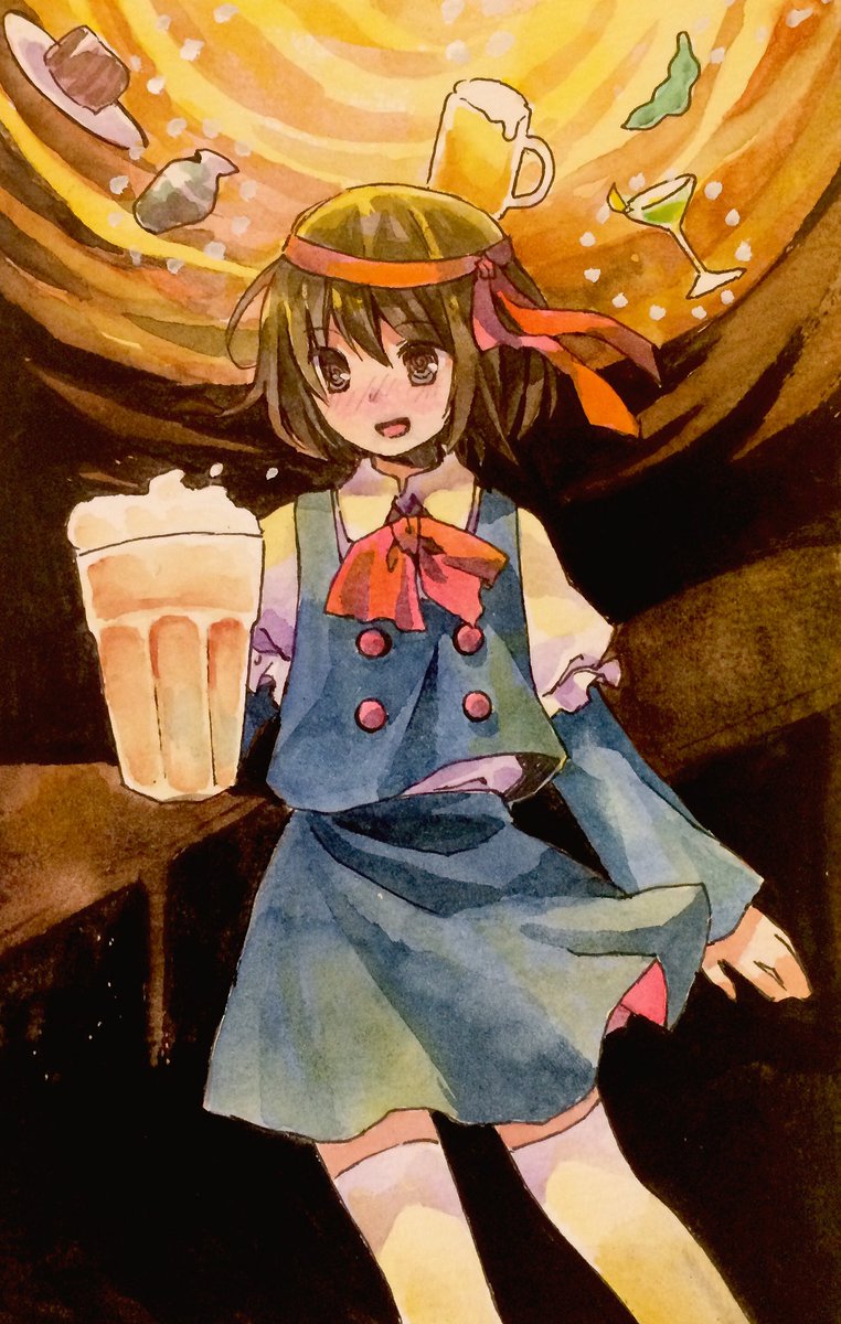 1girl, @_@, alcohol, asama_isami, beer, beer_mug, blue_skirt, blue_vest