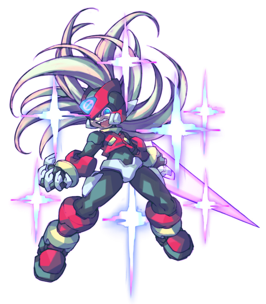 armor, blonde_hair, blue_eyes, cropped_jacket, crotch_plate, energy_sword, helmet, highres