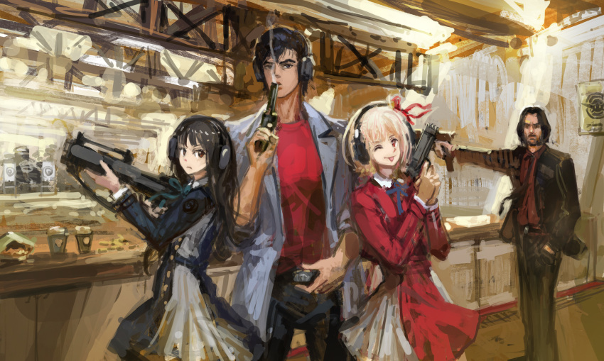2boys, 2girls, :p, assault_rifle, black_eyes, black_hair, black_necktie, black_pants