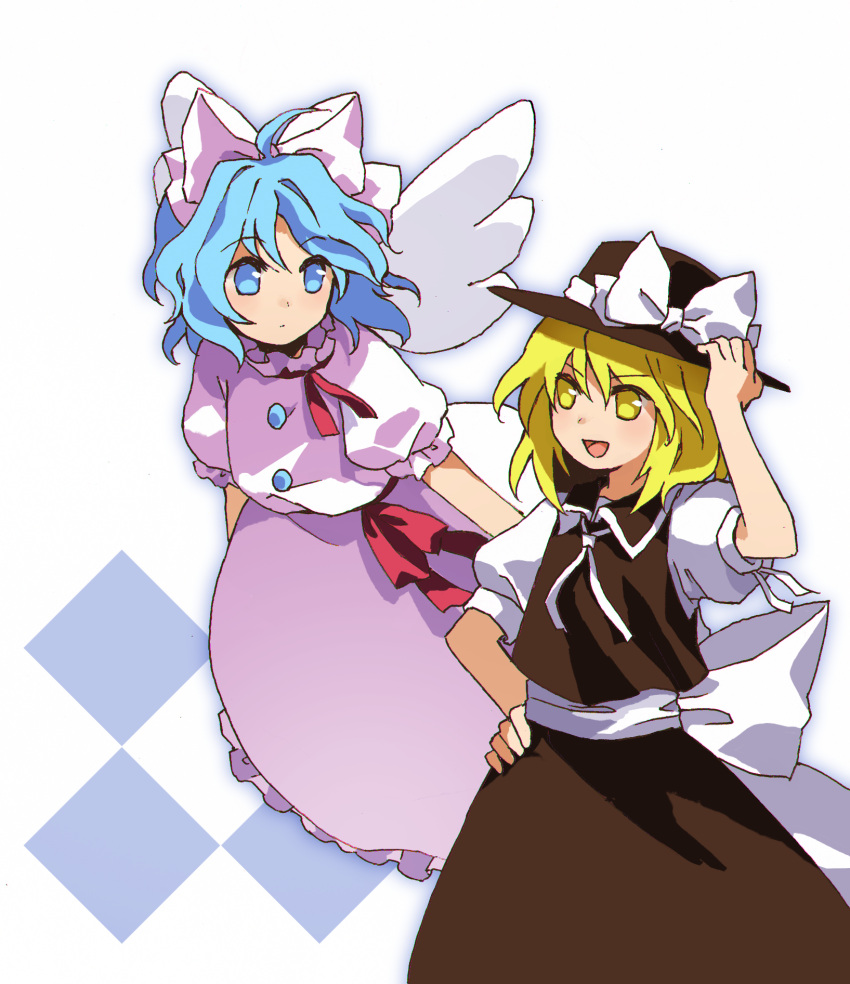 2girls, ahoge, blue_eyes, blue_hair, bow, brown_headwear, brown_skirt, brown_vest