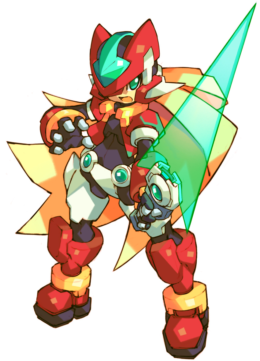 armor, blonde_hair, cropped_jacket, crotch_plate, energy_sword, green_eyes, helmet, highres