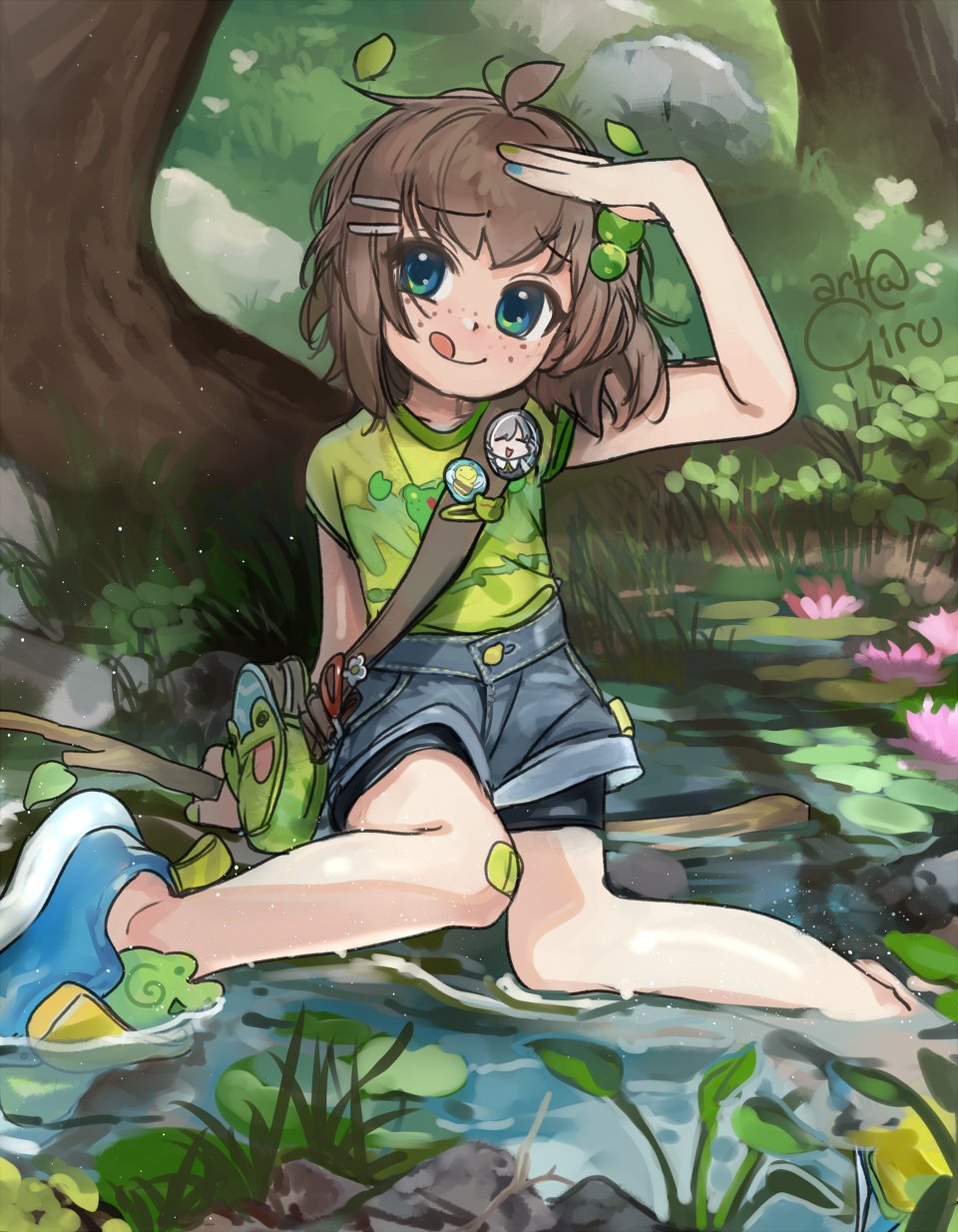 1girl, :q, bag, bare_legs, blue_footwear, blue_nails, blue_shorts, brown_hair