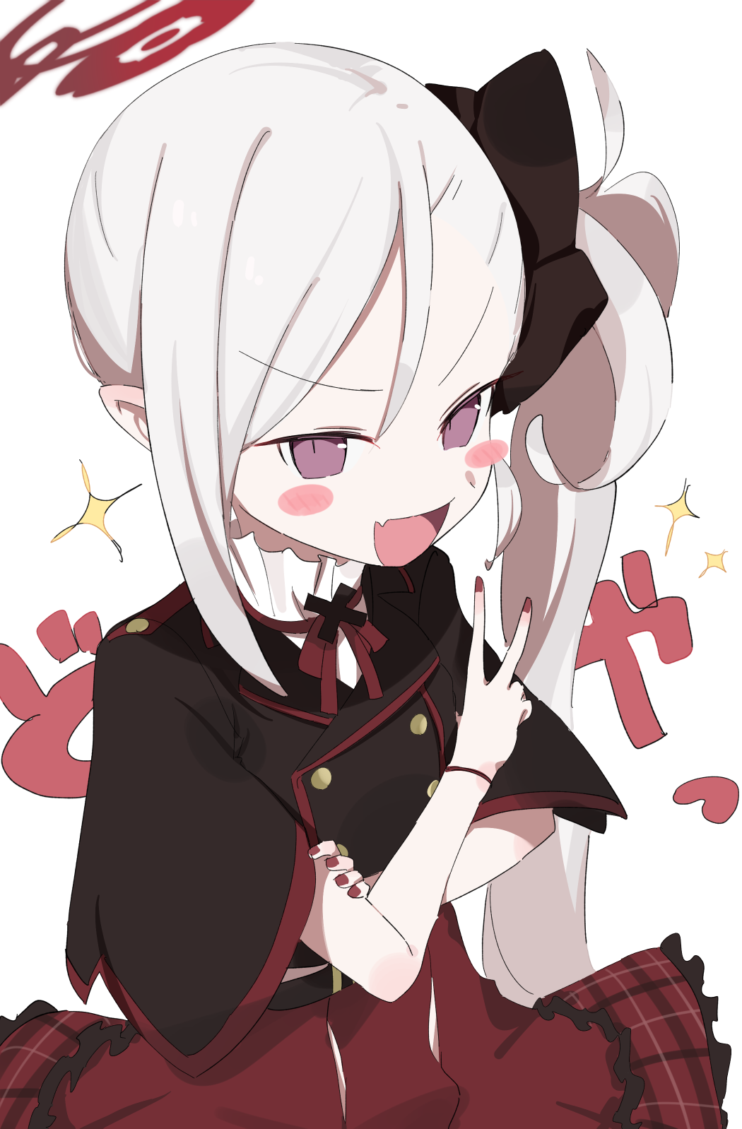 1girl, :d, black_jacket, black_scrunchie, blue_archive, blush_stickers, buttons, cowboy_shot