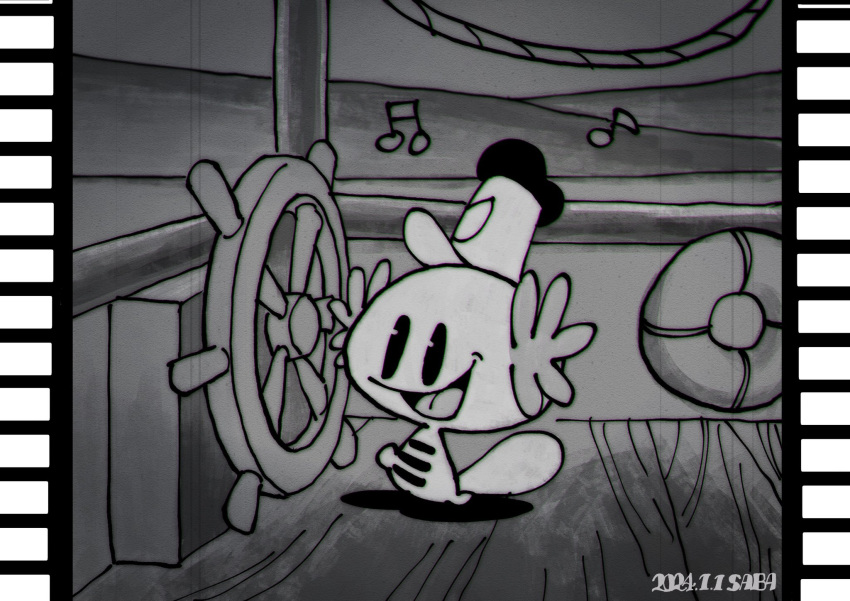 1920s_(style), 1other, boat, disney, greyscale, highres, monochrome, no_humans