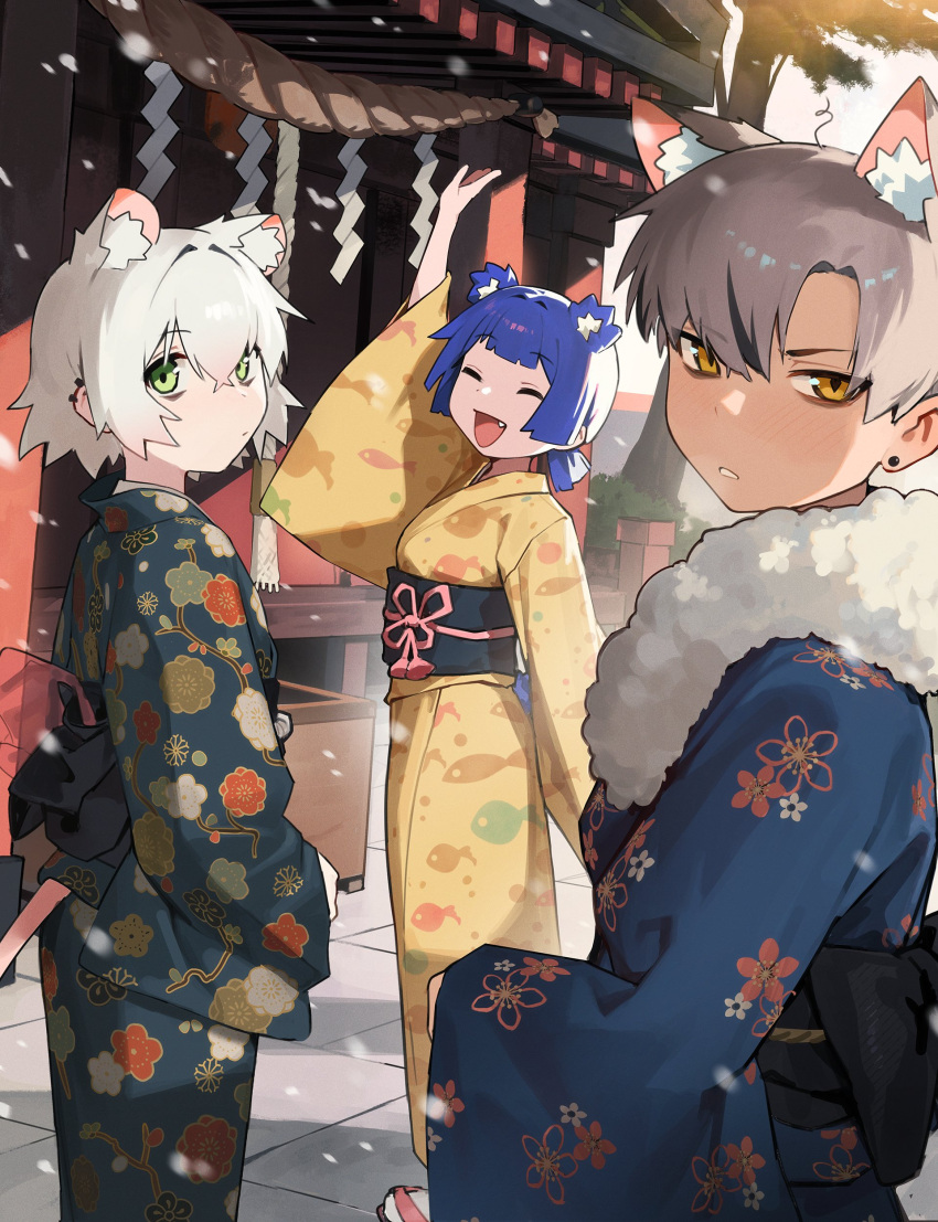 3girls, absurdres, animal_ear_fluff, animal_ears, animal_print, arm_up, bear_ears, bear_girl