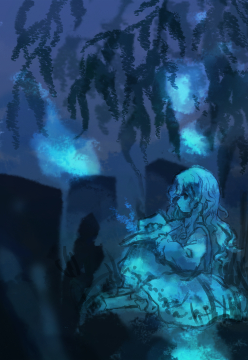 1girl, blue_theme, closed_mouth, commentary_request, hat, holding, holding_clothes, holding_hat