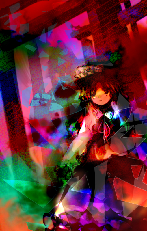 1girl, closed_mouth, collared_shirt, colorful, commentary_request, cowboy_shot, film_grain, hat