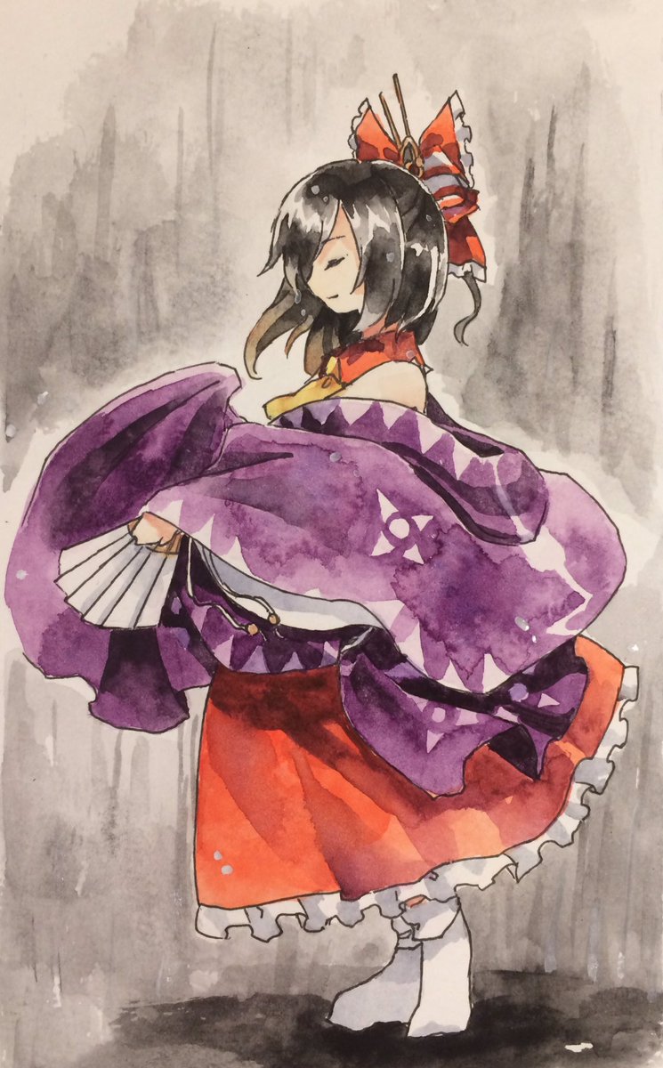 1girl, ascot, black_hair, closed_mouth, collared_dress, commentary_request, dress, folding_fan