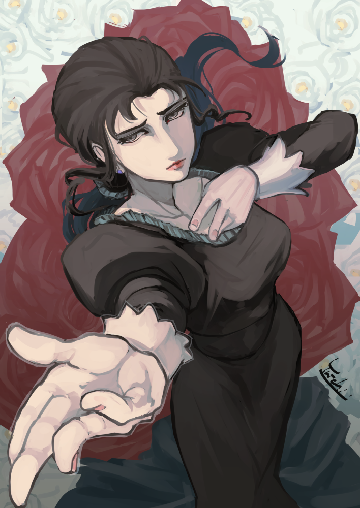 1girl, ahamma, bara_to_tsubaki, black_dress, breasts, brown_eyes, brown_hair, dress, flower, hand_up, lipstick, long_sleeves, makeup, outstretched_arm, pink_nails, puffy_long_sleeves, puffy_sleeves, rose, small_breasts, solo, standing, thick_eyebrows, tsubakikoji_reiko