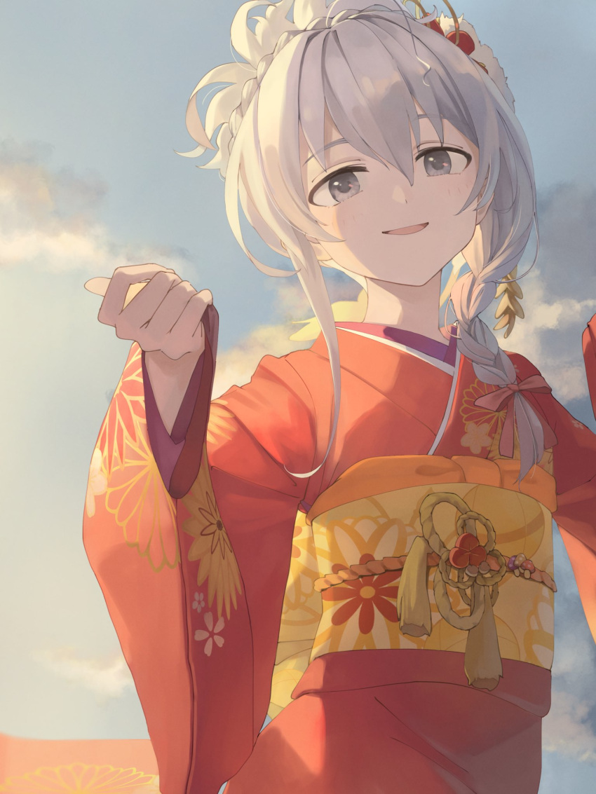 1girl, beaky45779868, braid, clouds, commentary_request, dawn, grey_eyes, grey_hair