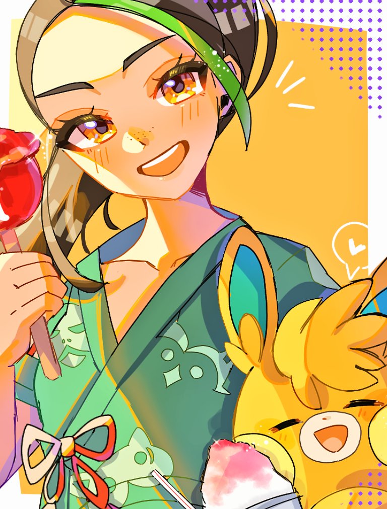 1girl, :d, black_hair, candy_apple, dark-skinned_female, dark_skin, food, freckles