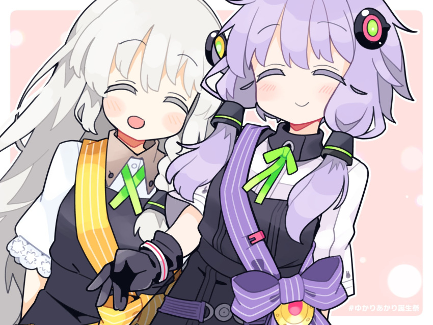 2girls, a.i._voice, arm_behind_back, birthday, black_dress, black_gloves, blush, border