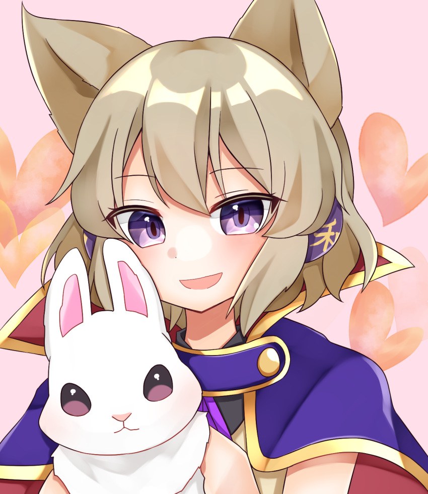 1girl, animal, animal_ears, blush, brown_hair, cape, earmuffs, heart