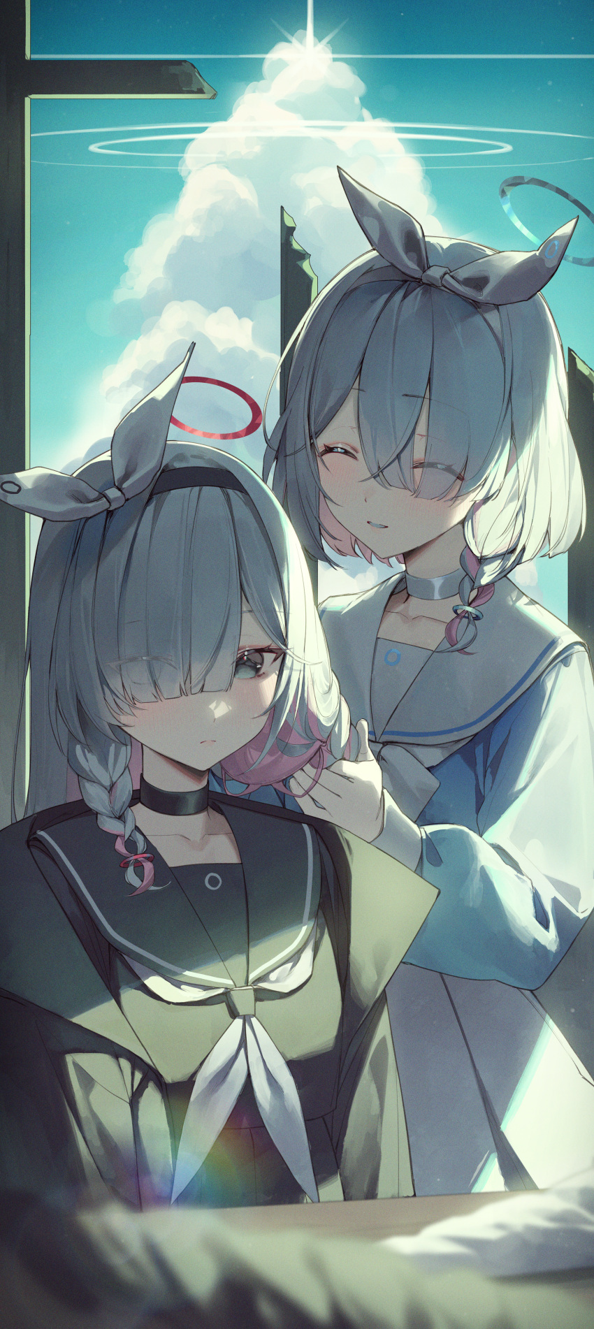 2girls, absurdres, arona_(blue_archive), blue_archive, blue_hair, braid, colored_inner_hair, g5_(g5_gugu), grey_eyes, grey_hair, highres, long_hair, multicolored_hair, multiple_girls, pink_hair, plana_(blue_archive), short_hair, single_braid